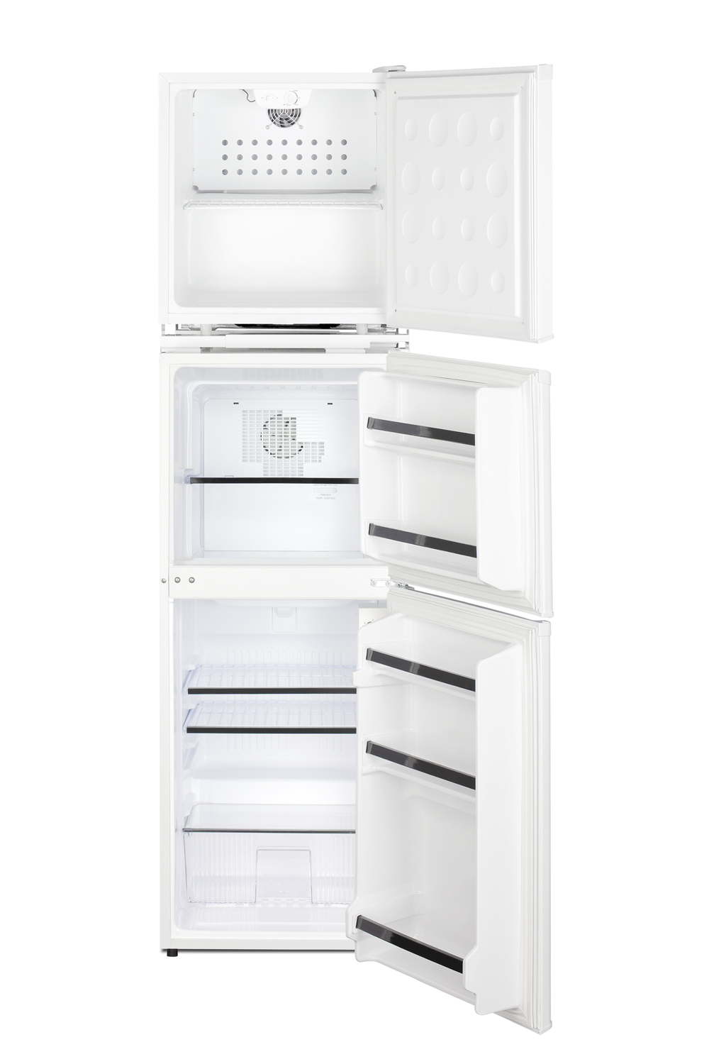 Stacked combination of the FFAR23L automatic defrost all-refrigerator with lock and the ENERGY STAR certified FF71ES refrigerator-freezer to create an allergy-sensitive zone and general purpose food and beverage storage